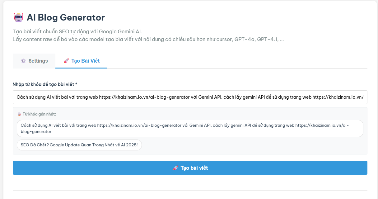 Hướng dẫn sử dụng AI viết bài với Gemini API qua khaizinam.io.vn